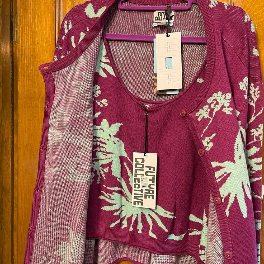 Future Collective Purple and Green Crop Cardigan with Knitted Floral Design